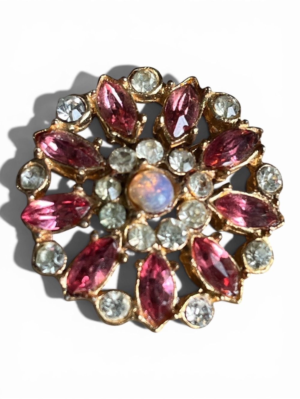 Vintage Pink Rhinestone Opal Brooch Gold Tone Floral Starburst